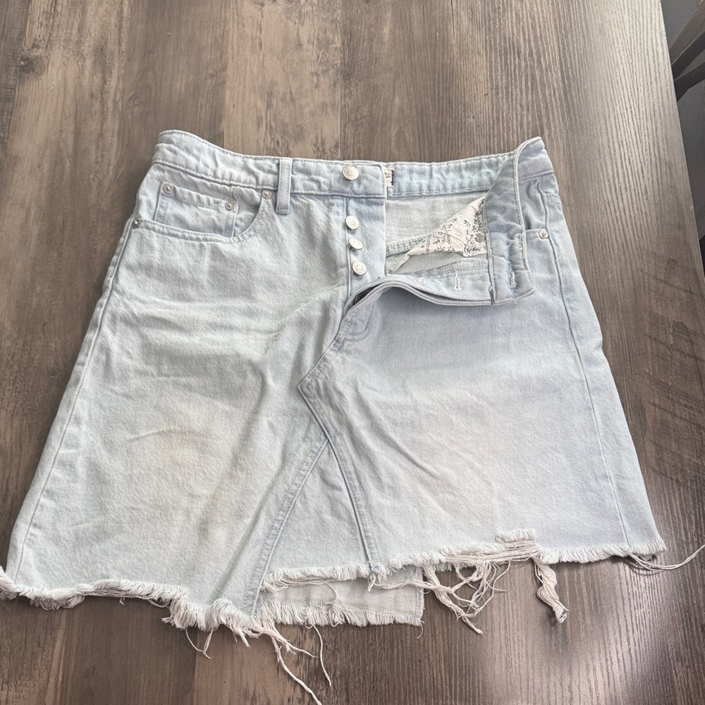 Grunge We The Free Light Blue Denim Skirt With Frayed Uneven Hem
